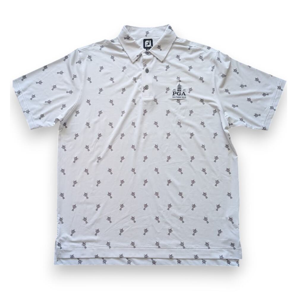 FootJoy FJ Men’s Golf Polo Shirt XL White Gray Trophy Print Embroidered Logo EUC